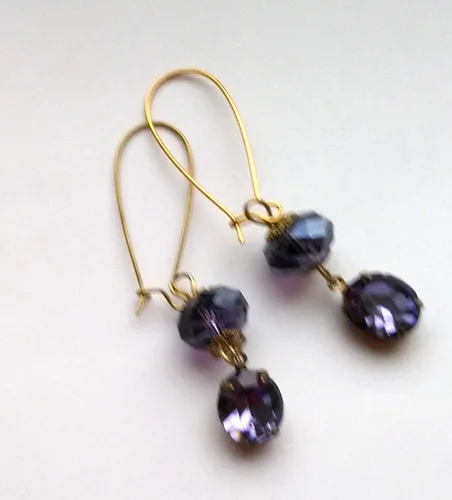Vista 2 de Tanzanite Blue Violet Purple Gold Plated Earrings, Faceted Crystal Doughnut Bead