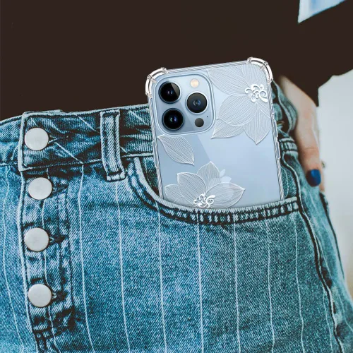 Vista 7 de Funda compatible con iPhone 13 Pro con protector de pantalla, diseño de patrón de flores, funda transparente floral para mujer, a prueba de golpes