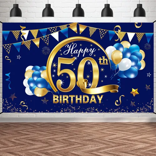 Vista 7 de Cartel de cumpleaños número 15 azul dorado para niños, suministros de fiesta de telón de fondo, letrero de fondo para fotos de cumpleaños de 15 años