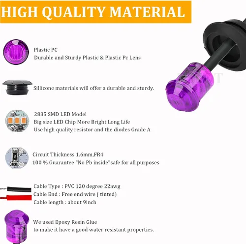 Vista 6 de PSEQT Luces LED de roca de 3/4 pulgadas, redondas, con marcador lateral subterráneo, luz de guardabarros con ojal de bala impermeable para remolque
