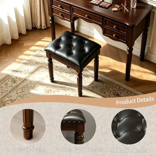Vista 5 de Taburete de tocador blanco con asiento de cuero copetudo y patas de madera maciza talladas, banco de tocador de fácil montaje, taburete