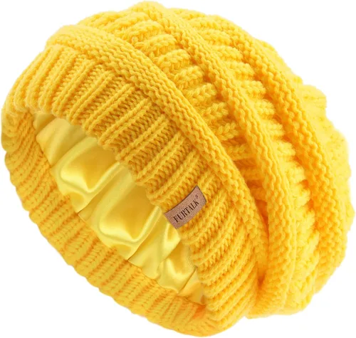 Vista 37 de FURTALK Gorro de invierno para mujer, con forro de satén, tejido trenzado, grueso, holgado, gorro cálido
