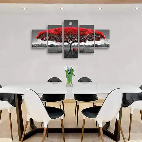 Vista 6 de Lienzo decorativo para pared, árbol rojo, arte de pared enmarcado en blanco y negro, paisajes para decoración de pared, imágenes para sala de estar