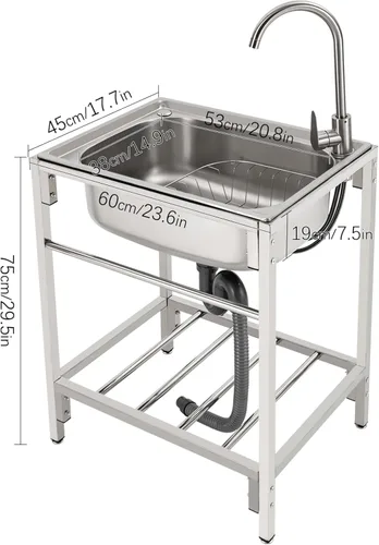 Vista 2 de Fregadero de cocina de acero inoxidable con soporte, fregadero de lavandería simple para el hogar con grifo, lavabo multiusos independiente
