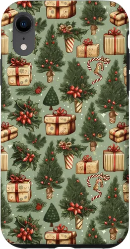 Vista 25 de Vintage Christmas Theme Holiday Trees, Presents, Teal, Bows Case for iPhone 17
