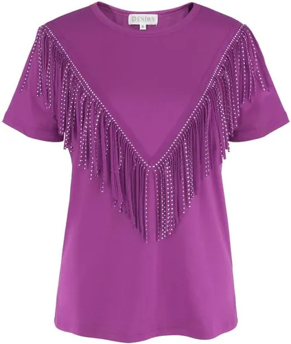 Vista 6 de PESION Camisas de manga corta con flecos para mujer, blusa con ribete de borlas