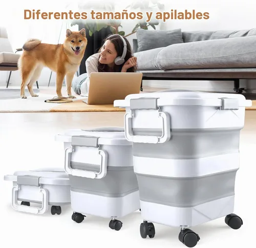 Vista 5 de Contenedor de almacenamiento de alimentos para perros, 10 a 20 libras, hermético, plegable, con ruedas acoplables, asa portátil, cuchara de comida