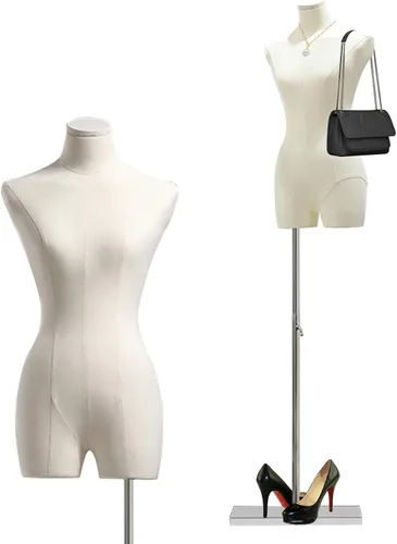 Vista 8 de Maniquí femenino con forma de torso para vestido, altura ajustable de 47" a 83", maniquí de exhibición con soporte de metal, manequí retro
