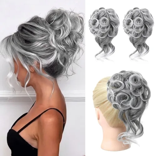 Vista 32 de HOOJIH 2 piezas de extensiones de cabello estilo moño despeinado, extensiones de cabello rizado y ondulado con tiras, cola de caballo, horquillas