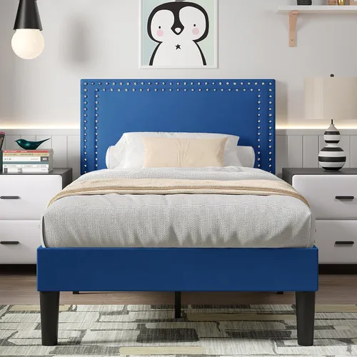 Vista 59 de VECELO Base de cama de plataforma de tamaño individual con cabecera tapizada de altura ajustable, base de colchón moderna, soporte de listones