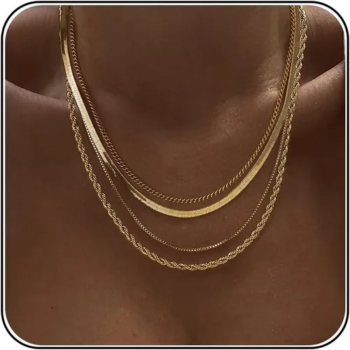 Vista 12 de Tewiky Layered Necklaces for Women Non Tarnish- Chunky 14k Gold Plated Herringbone/Snake/Rope/Box/Cuban Link Chain for Women Waterproof Layering