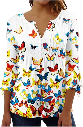 Vista 39 de Ceboyel Blusa tipo túnica con estampado floral para mujer, con botones, estilo Henley, con manga de codo, casual, trajes de moda para mujer