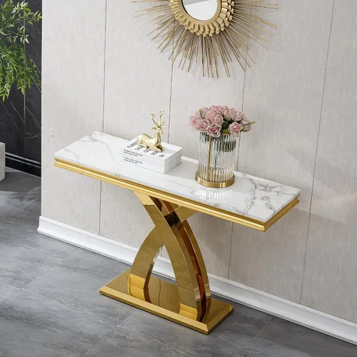 Vista 49 de SSLine Mesa de Centro Rectangular de Mármol Sintético para Sala de Estar, Mesa Central Moderna de Mármol Blanco de Lujo con Base Doble en Forma de U