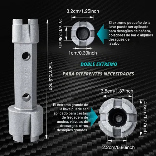 Vista 3 de DURATECH Llave removedora de drenaje de tubo, llave de aleación de aluminio de doble extremo para desagües de baño y ducha
