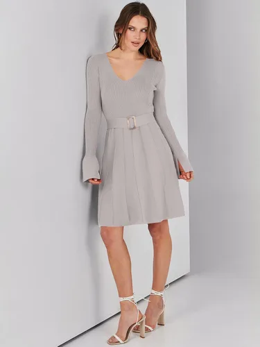 Vista 9 de ANRABESS Vestido tipo suéter de manga larga con cuello en V y lazo en la cintura, plisado, acampanado, elegante, de punto acanalado, vestido midi