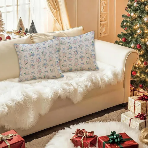 Vista 2 de Juego de 2 fundas de almohada florales con lazo de cinta azul y rosa de 18 x 18 pulgadas, decoración de dormitorio de habitación preparada, fundas