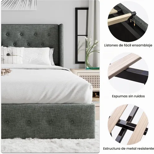 Vista 4 de SHA CERLIN Base de cama de tamaño completo con almacenamiento abatible, cabecera abombada con botón acolchado, plataforma tapizada, almacenamiento