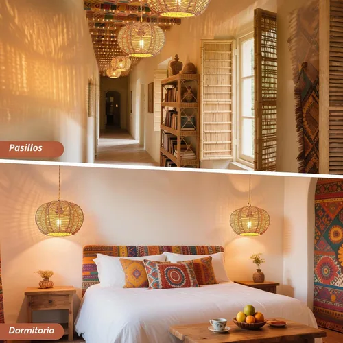 Vista 4 de Luces Colgantes con Cable de Enchufe, Lámpara Colgante de Ratán, Luminarias de Techo Boho, Lámpara Colgante de Estilo Rústico para Sala de Estar
