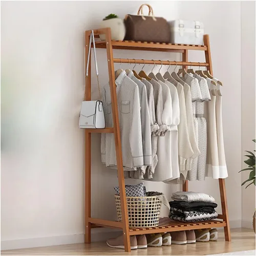Vista 10 de Perchero independiente de madera maciza con 2 estantes, organizador de armario para dormitorio, ahorro de espacio (marrón, 19.7 in)
