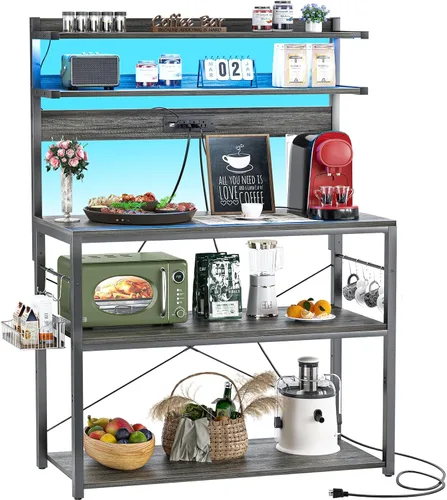 Vista 9 de Aheaplus - Estantería de cocina con toma de corriente, soporte para microondas, estación de café de 5 niveles con luces LED, estante