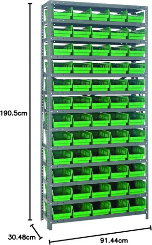 Vista 388 de Quantum QSBU-245BK Heavy Duty Shelving Unit with (7) Shelves and (24) QUS245 Black Bins for Garage Warehouse Storage Distribution 400 lb Load