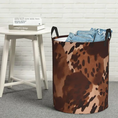 Vista 8 de brown cowhide art print Circular Hamper Waterproof Storage Bin Organizer Basket Laundry Hamper With Handles For Clothes Toys Small