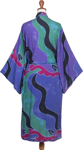 Vista 7 de NOVICA Purple Batik - Bata larga para mujer, turquesa océano (talla única), Púrpura, multicolor