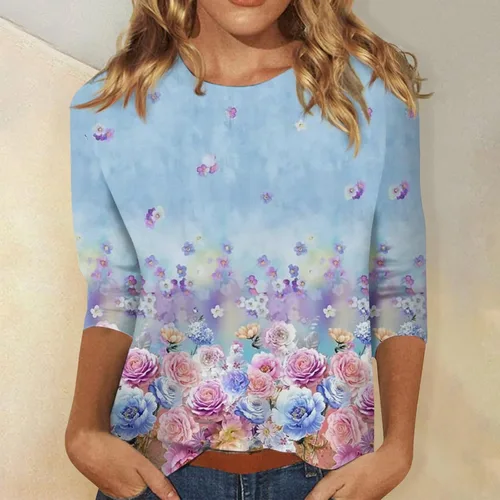 Vista 83 de Camisetas personalizadas para mujer, a la moda, casual, de séptima manga, estampada, cuello redondo, camiseta