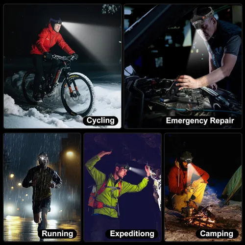 Vista 8 de Linterna frontal LED recargable, 3000 lúmenes, potencia de batería, 9 modos, batería de larga duración de 72 horas, sensor de movimiento, luz roja