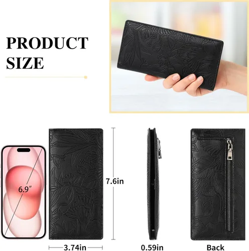 Vista 6 de FALAN MULE Cartera delgada ultrafina para mujer, de cuero plegable, bloqueo RFID, tarjetero de diseño, Negro