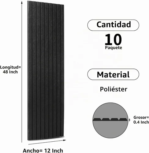 Vista 3 de Art3dwallpanels Paquete de 10 paneles acústicos, paneles de pared insonorizados de 48 x 12 x 0.35 pulgadas, autoadhesivos de alta densidad que Negro