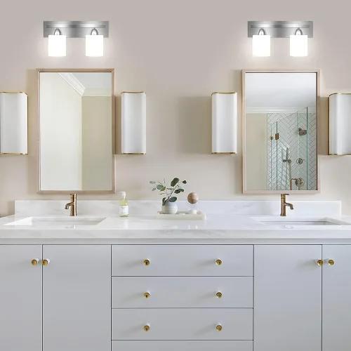 Vista 5 de PARTPHONER - Accesorio de iluminación para tocador de baño - Sobre espejo - Soporte de vidrio moderno - Níquel cepillado, base E26, 2 luces