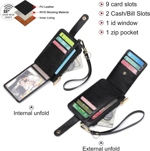 Vista 2 de SENDEFN Cartera delgada de piel con bloqueo RFID para tarjetas de crédito con bolsillo con cremallera
