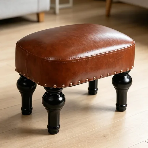 Vista 8 de Reposapiés de cuero otomano de madera, asiento rústico para pies, reposapiés de madera, reposapiés rectangular pequeño otomano para dormitorio, sala