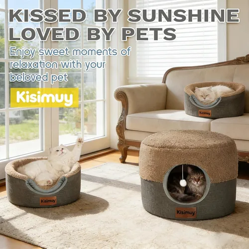 Vista 9 de Cueva de cama para gatos de interior, 2 en 1 plegable para gatos y cama lounge con cojín reversible, casa cerrada calmante y antiansiedad