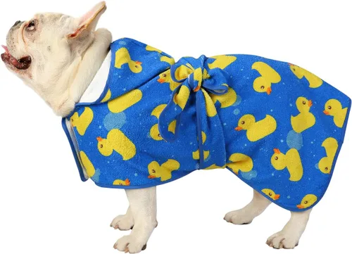 Vista 3 de HDE Bata de baño para perro, súper absorbente, de secado rápido, para cachorros, ajustable, con capucha, para perros tallas S-XXL con patos de goma