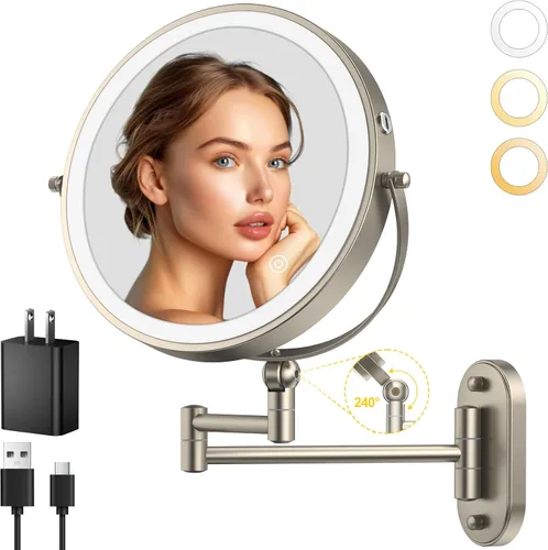 Vista 9 de Espejo de maquillaje iluminado de pared de 9 pulgadas, espejo de aumento de doble cara recargable de 4000 mAh 1X/10X con luz, 3 luces