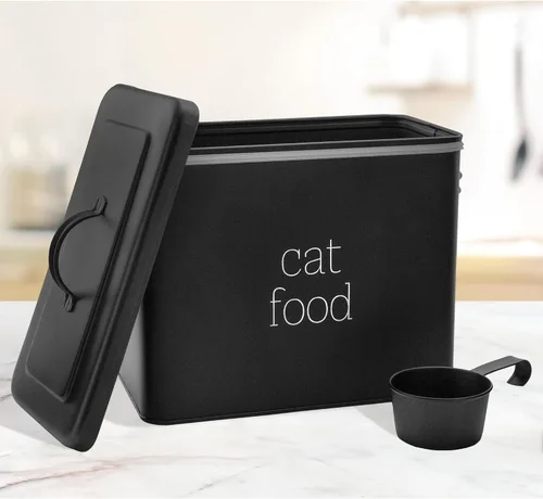 Vista 2 de AuldHome Design Farmhouse - Contenedor de comida para gatos (negro) con aspecto esmaltado rústico con cuchara