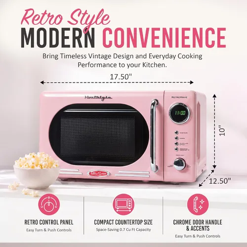 Vista 2 de Nostalgia Horno microondas para encimera con interior fácil de limpiar, microondas retro con pantalla LED y bloqueo para niños, horno compacto