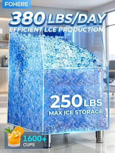 Vista 2 de Máquina comercial para hacer hielo 380LBS/24H, contenedor de almacenamiento de acero inoxidable de 250 libras, 132 cubitos de hielo en 8-15 minutos