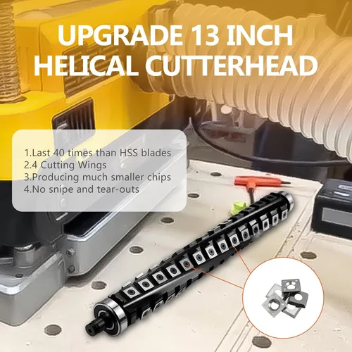 Vista 3 de Cabezal de corte helicoidal en espiral de 13 pulgadas para cepilladora DeWalt DW735 DW735X, cabezal de corte helicoidal, 4 filas, 60 insertos
