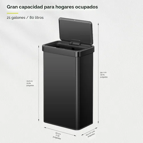 Vista 2 de EKO Nova - Papelera con sensor, 21 galones/80 litros, acero inoxidable, rectangular, sin contacto, con sensor de movimiento, negro mate