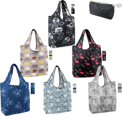 Vista 76 de BeeGreen Bolsas de comestibles reutilizables de Navidad con bolsa de almacenamiento con cremallera, paquete de 10 bolsas de compras reutilizables a