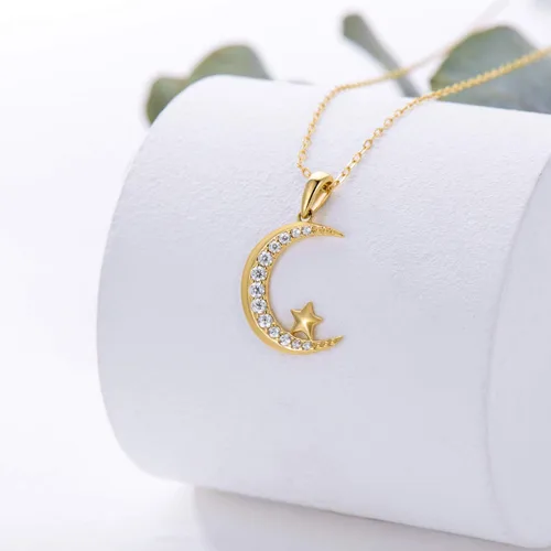 Vista 4 de SISGEM Collar con colgante de luna de oro de 14 quilates para mujer, joyería de luna y estrella, regalo de aniversario para esposanovia, regalos