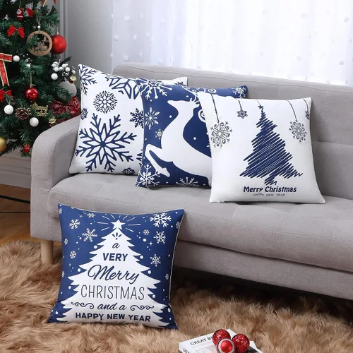 Vista 6 de Juego de 4 fundas de almohada de Navidad de 18 x 18 pulgadas, fundas de almohada de Navidad azul marino, copos de nieve, fundas de almohada de Feliz