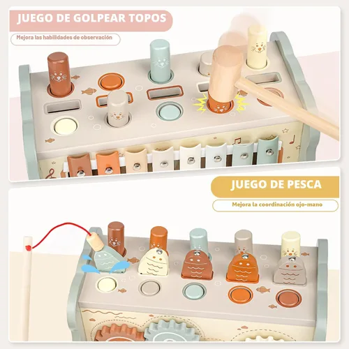 Vista 2 de Joyreal Juguetes Montessori de madera para niños de 1 año – Juguete martillador con xilófono y juego de pesca – Actividades educativas para niños