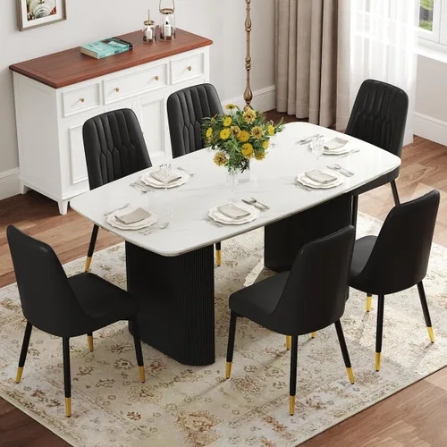 Vista 21 de Juego de mesa de comedor blanco Ebullient para 4, juego de mesa de comedor ovalada de mármol de 67' con 4 sillas de metal, parte superior de grano