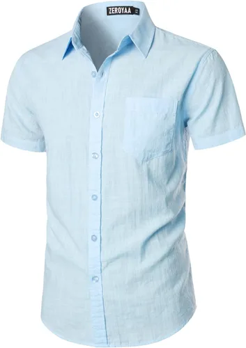 Vista 3 de ZEROYAA Camisas de manga corta con botones y algodón y lino para hombre, ligeras, con bolsillo