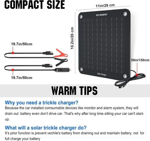 Vista 6 de ECO-WORTHY Cargador Mantenedor de Batería Solar para Automóvil de 10W, 12V Impermeable Portátil, Cargador de Goteo Solar para Automóvil, Camión