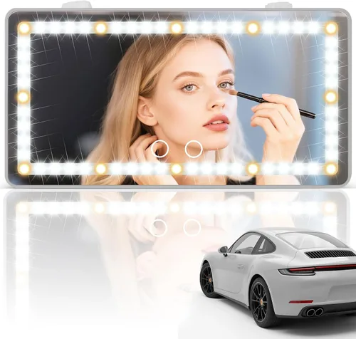 Vista 20 de SINGARO Espejo de tocador con visera solar para automóvil, espejo de maquillaje recargable con 60 LED, 3 modos de luz y control táctil regulable